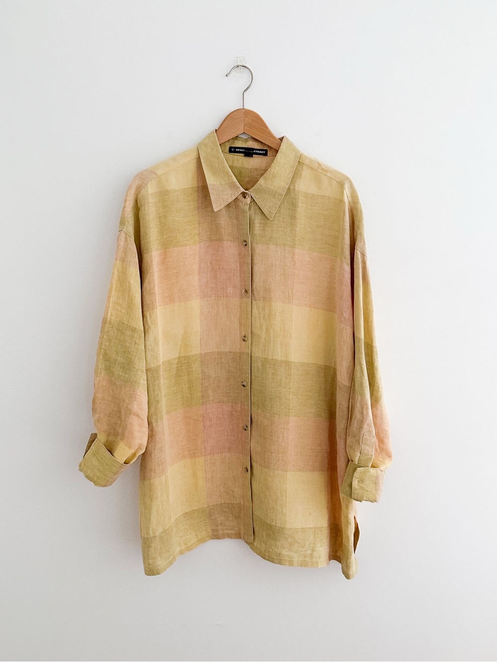 Vintage 100% Linen Oversized Plaid Shirt Pastel Coastal Art Teacher Button Down